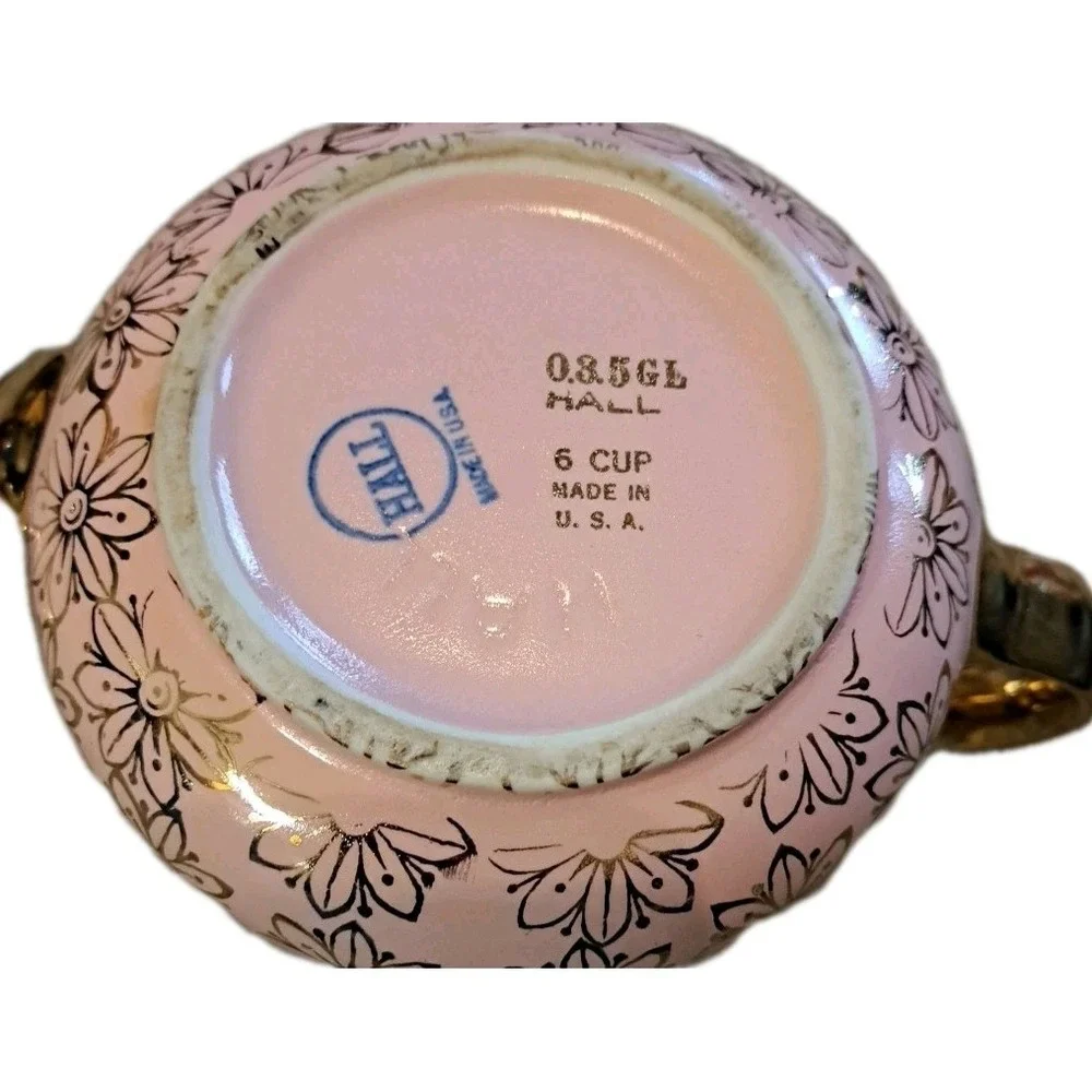 Hall China Pink Gold Label New York Flower Teapot Tea Pot 6 Cup Mid Century‎ USA